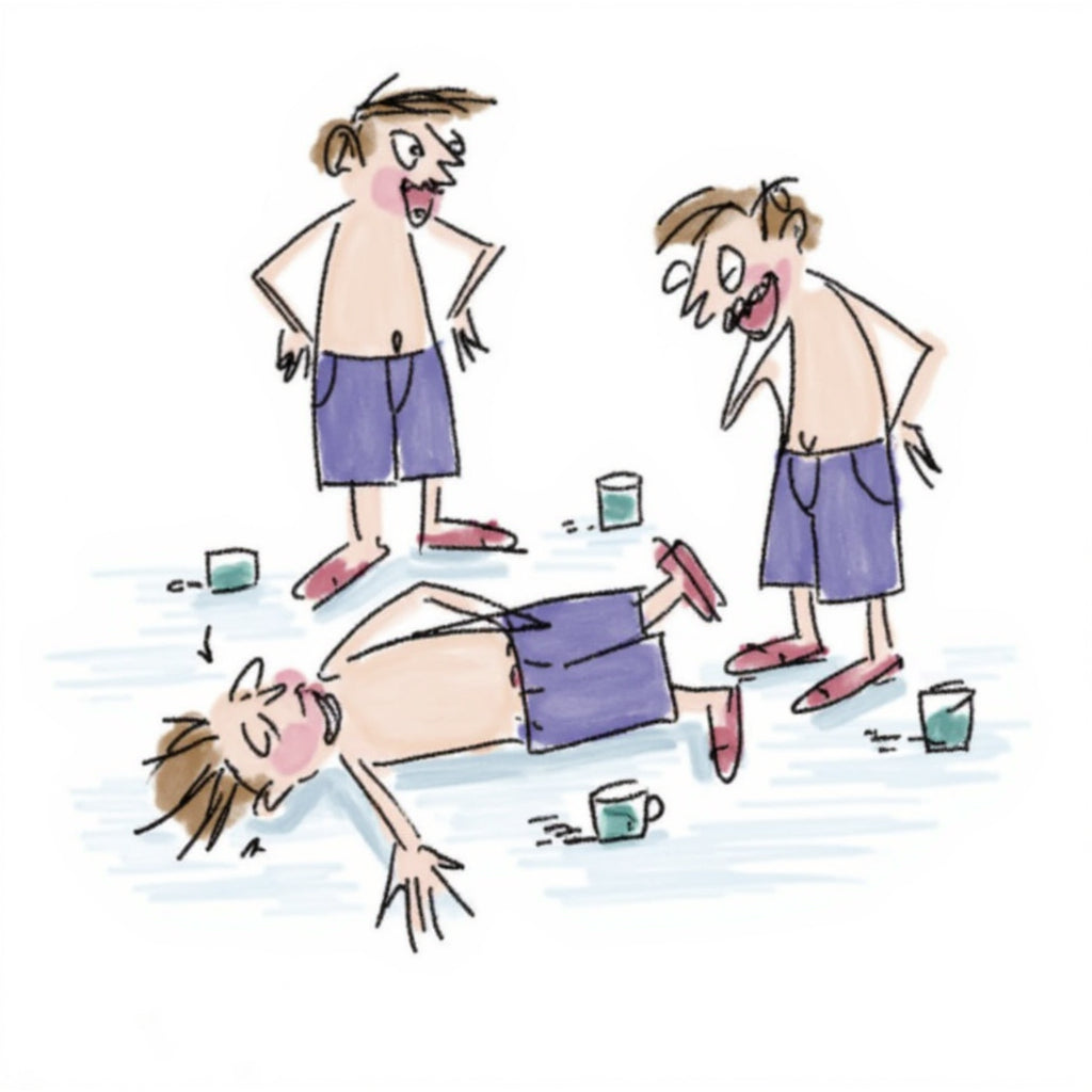 Illustration: Ein Mann liegt nach zu vielen Tassen Tee benommen am Boden, zwei Freunde stehen erschrocken daneben – Cha Zui, der Tee-Rausch